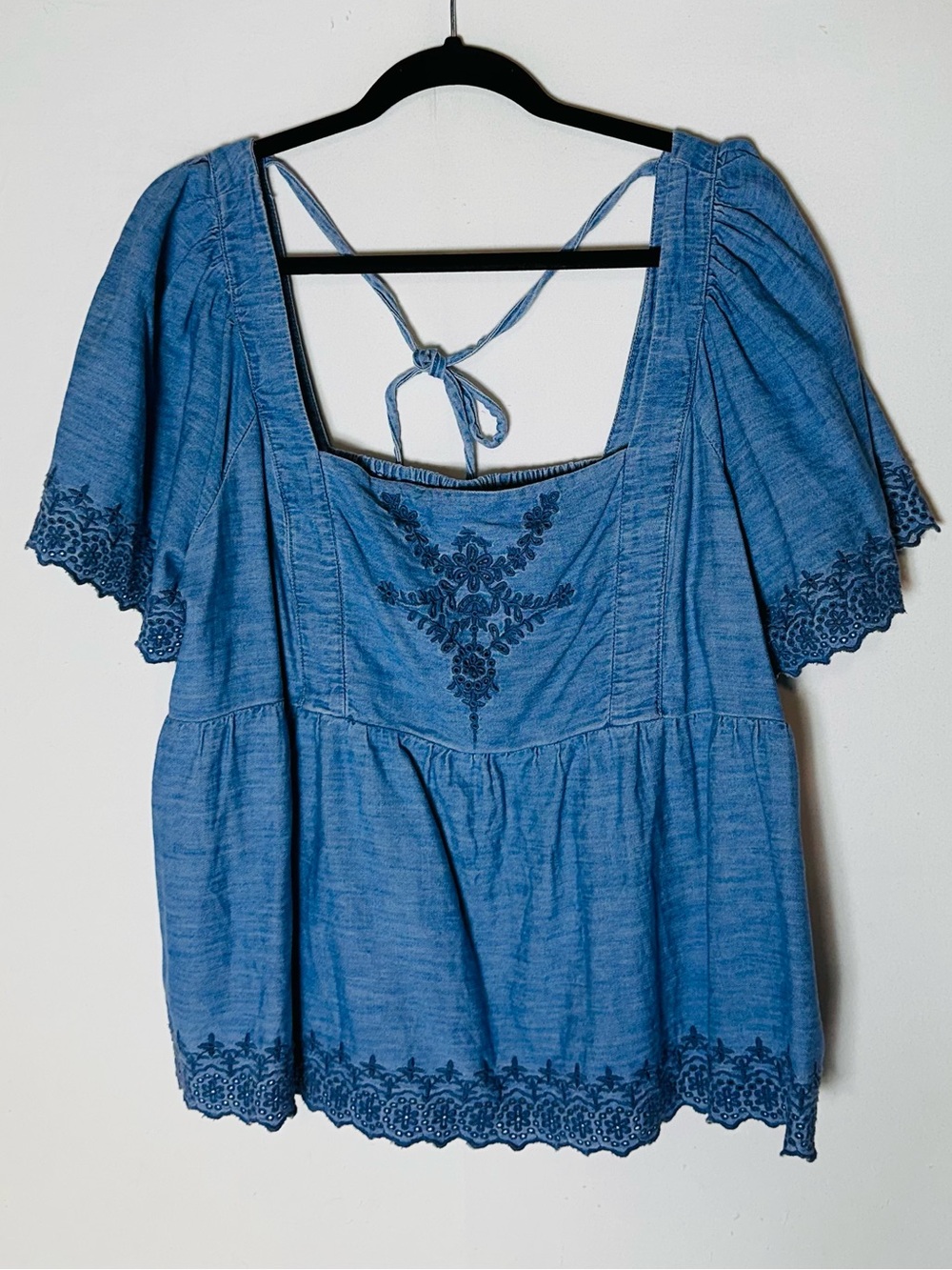 Old Navy Blue Cotton Embroidered Square Neck Boho Peplum Blouse Tie Back XL